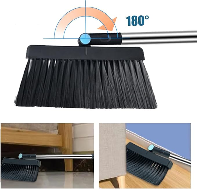Broom and Dustpan Set for Home, Long Handle Dust Pan and Broom Combo for Indoor Outdoor Heavy Duty Dustpan Set for Kitchen Lobby Office Upright Standing Dustpan with Teeth (Deep Blue)