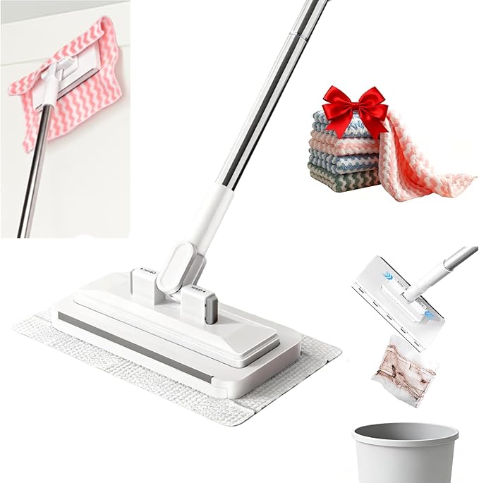 Snap Grip Mini Mop, Zero-Touch Gap Dust Cleaner with 39in Lazy Mop Stick & Locking Head, Disposable Dust Mop for House Wall Bathroom Toilet Corners Multi Surface Cleaning with 5 Cloths