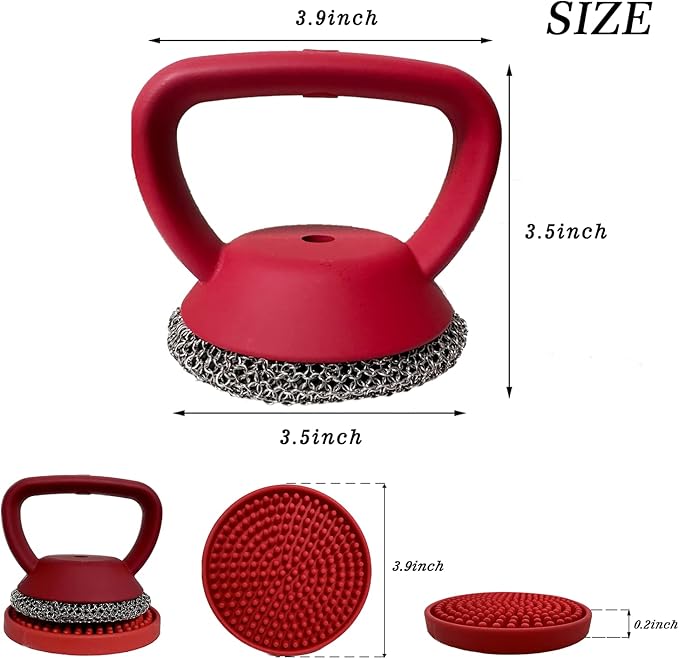 MEIXINZHI Cast Iron Cleaner, Chain Mail Scrubber & Pan Grill Scrapers - 2 in 1 Cast Iron Skillet Cleaner (red, with mat)