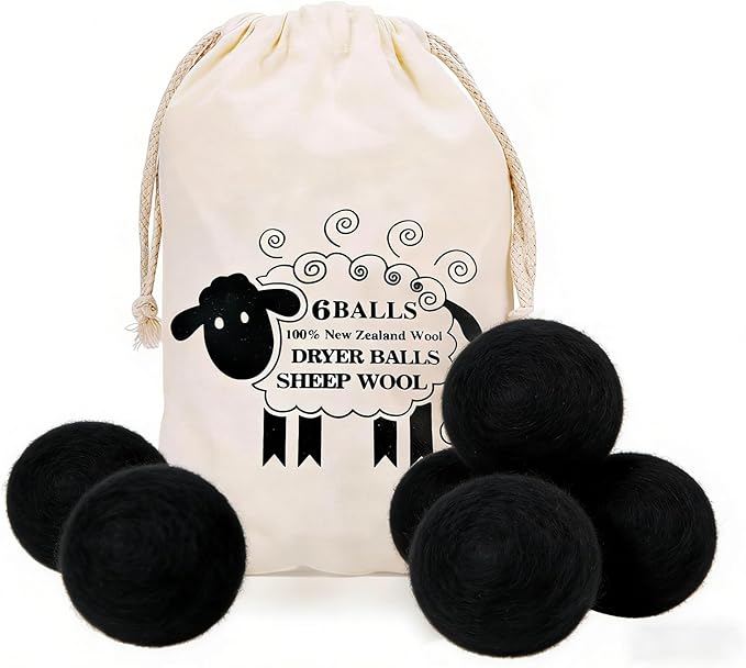 6 Pack Wool Dryer Balls Laundry Reusable Anti Static, Cotton Balls Wool Laundry Balls for Dryer Reduces Clothing Wrinkles Natural Fabric Softener Last 1000+ Loads (Black, 2.75 in/7 cm)