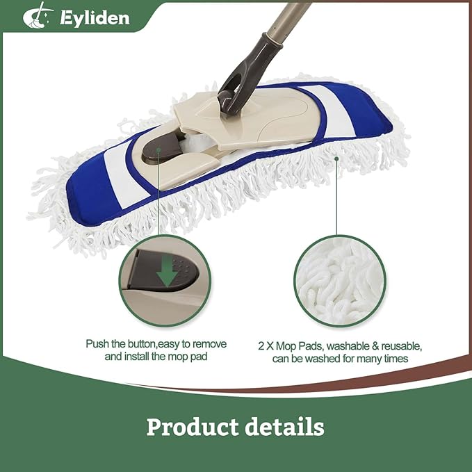 Eyliden Dust Mop with Reusable Washable Pads - One Touch Replacement, Height Adjustable Handle, Total 2 Mop Cloths, Wet Dry Mops for Floor Cleaning, Hardwood, Laminate, Tile Floor Push Dust Broom