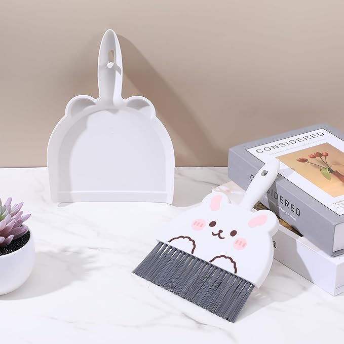 Upgrade Small White Broom and Dustpan Set, Hand Dustpan and Brush Set, Cute White Mini Broom and Dust pan Sets, Little Dust Pan for Home Use Tabletop Debris Cleaning Pet Cages Guinea Pig Cages
