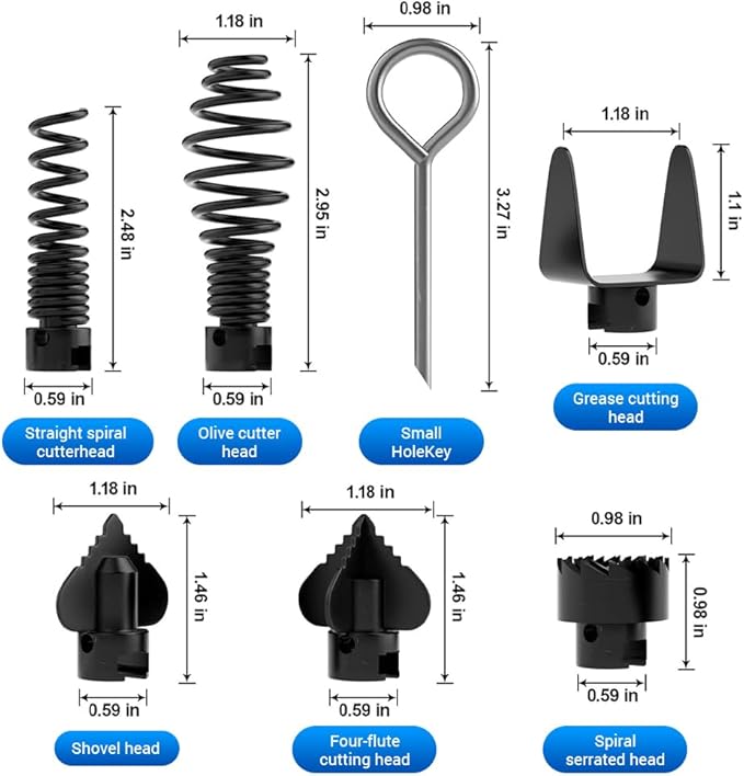 7Pcs Drain Cleaner Combination Cutter Head Set, 16mm Manganese Steel Blades For Pipeline Dredging Cleaning Machine, 6 Cutter Heads 1 Key