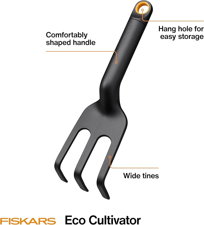 Fiskars Eco Cultivator with Wide Angled Tines, Ergonomic Handle, UV Resistance, Ideal for Loosening Soil and Removing Weeds