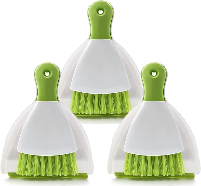 Small Hand Dust Pan and Brush - Small Broom and Dustpan Set, Mini Broom and Dustpan, Compact Dustpans and Brush for Home Cleaning, Sofa, Desk, Guinea Pig Cage, Cat Litter, etc. (Green 3 Set)