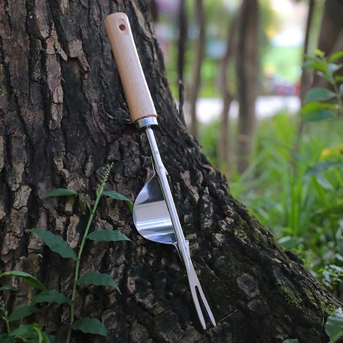 Comimark 1pc Wood Handle Stainless Steel Garden Weeder, Hand Weeding Removal Cutter Puller Tools, Multifunction Weeder Transplant