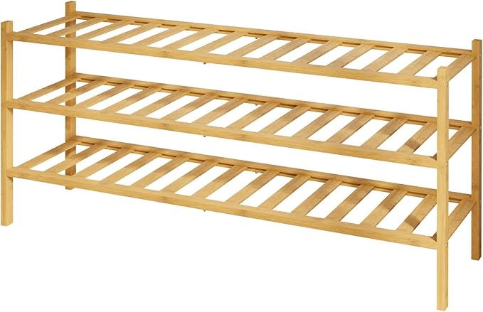 Kitsure Bamboo Wooden Shoe Rack for Closet - Stackable Shoe Organizer with Modular Structure, Space-Saving Shoe Shelf for Entryway, Living Room, Bedroom, 32.7" Wide - 3 Tiers, Natural