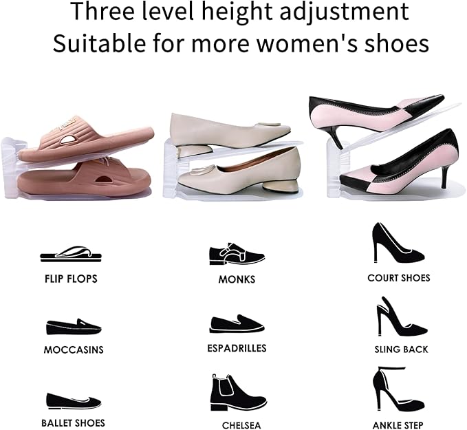 10 Pieces Shoe Slot Organizer, Double Layer Adjustable Shoe Rack Storage Rack, Saving Space in Wardrobe and Shoe Cabinet (Clear)
