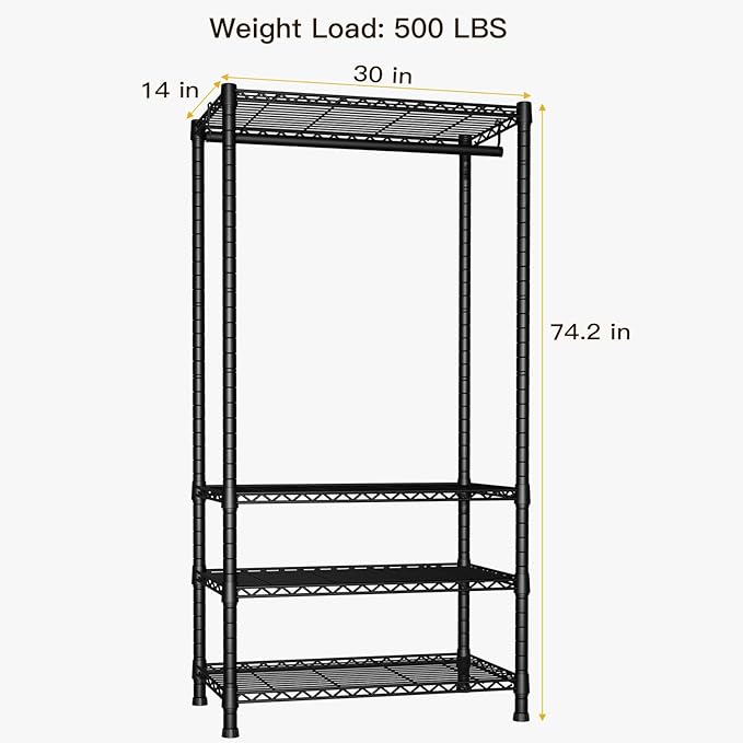 Ulif H2 Heavy Duty Clothes Rack, Freestanding 4 Tiers Garment Rack for Hanging Clothes with Shelves and Hangers, Closet Organizers and Storage Metal Closet Wardrobe System, Max Load 500 LBS, Black