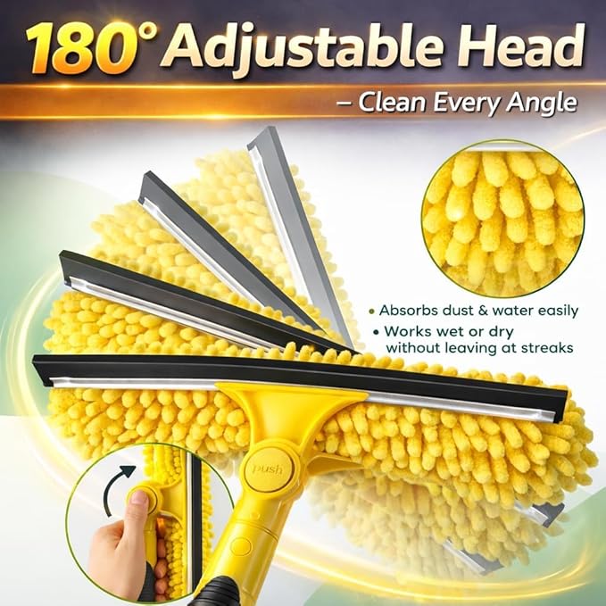 24FT High Reach Window Squeegee with Extension Pole, 2-1 Window Washing Kit with 5-Stage Telescopic Pole & Rotatable Head, No-Ladder Window Cleaner for High Window, Solar Panel, RV & Outdoor Glass