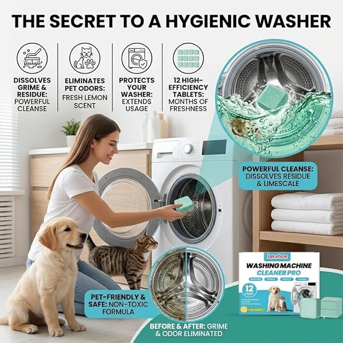 Washing Machine Cleaning Tablets: Powerful Deep Cleaning for Front Loader & Top Load Washer Machines - Clean Inside Drum and Laundry Tub Seal (12 pieces)