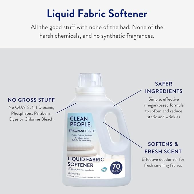 Clean People All Natural Liquid Fabric Softener - Plant-Based, Eco Friendly - Naturally Softens & Removes Static Cling - Vegan - Fragrance Free Laundry Softener - 100 fl oz - 140 loads