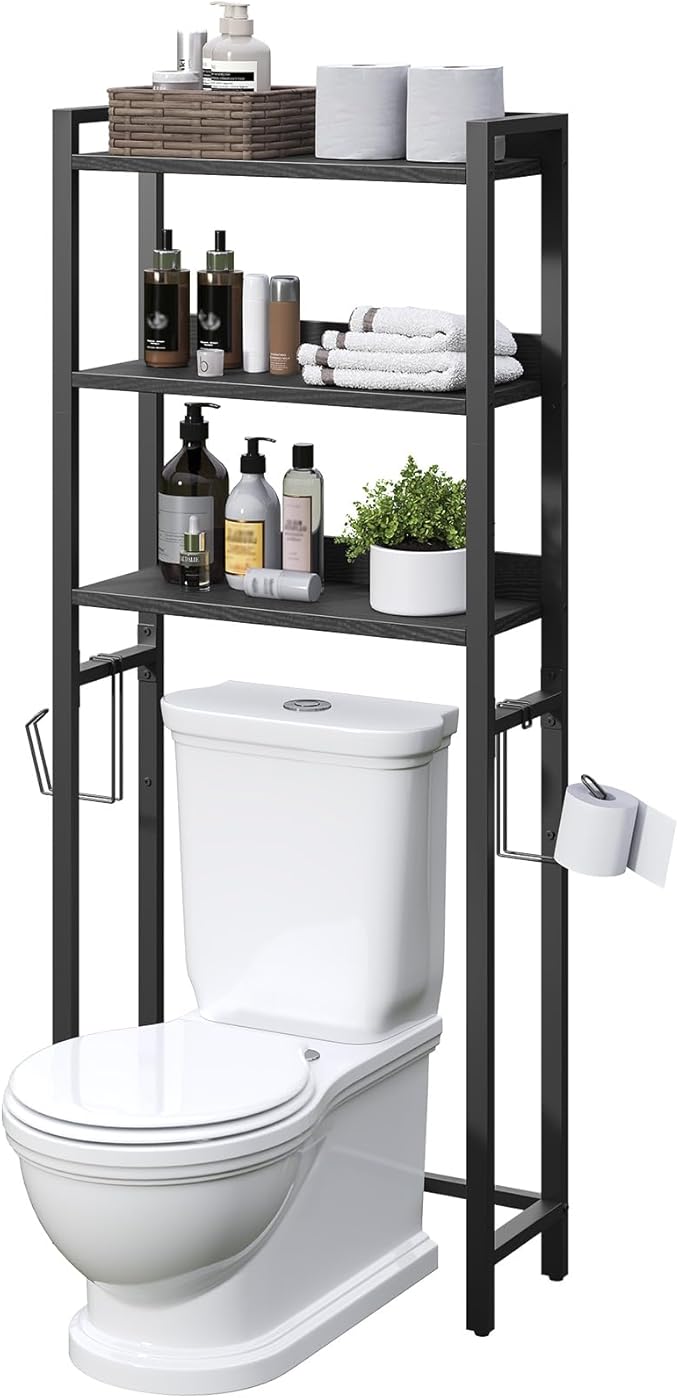 MAHANCRIS Over The Toilet Storage Rack, 3 Tier Bathroom Organizer Over Toilet, Freestanding Space Saver Toilet Stand with 2 Hooks, Bathroom Storage Shelf, Easy to Assemble, Black TSBK6001