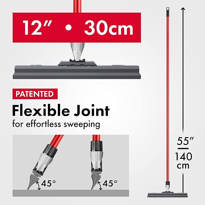 Silicone Floor Squeegee with 55-Inch Long Handle, 12-Inch Single Cast Silicone Blade, 360° Swivel Joint - Multifunction Floor Squeegee for Garage, Concrete Floor, Shower Floor, Glass Windows