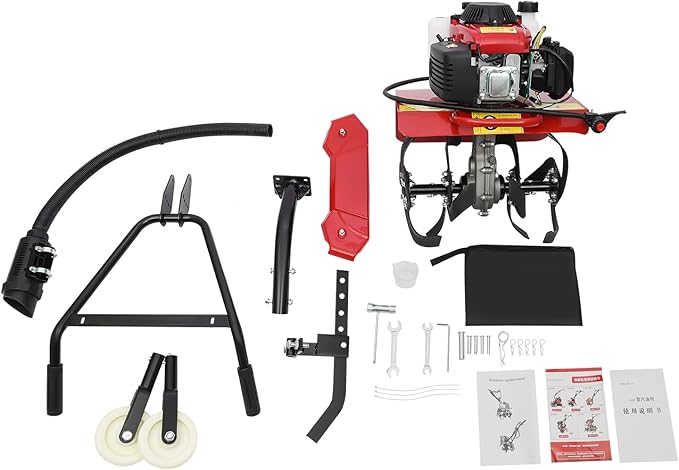 Gas Powered Tiller, 63Cc 4-Stroke Soil Cultivator Mini Tiller Cultivator Garden Tiller Hand Rotary Cultivator Rototiller Garden Tool with Long Handle for Lawn Garden Soil Cultivation 1600W