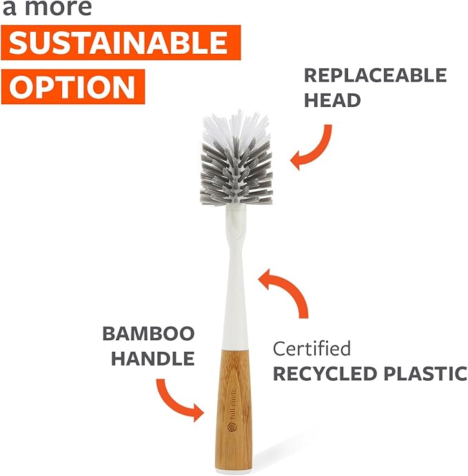 Full Circle Clean Reach - Bamboo Long Handle Bottle & Mug Brush with Replaceable Head, for Deep Cleaning Water Bottles, Baby Bottles, Glasses, and Tumblers, White