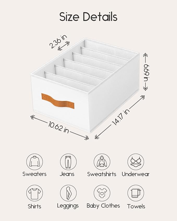 Homsorout Closet Organizers and Storage - Fabric Clothes Organizer with Handles, Foldable Jeans Organizer for Clothes, Drawer Organizer for Shirts, Bra, Sweater, Scarf, 4 Pack, White
