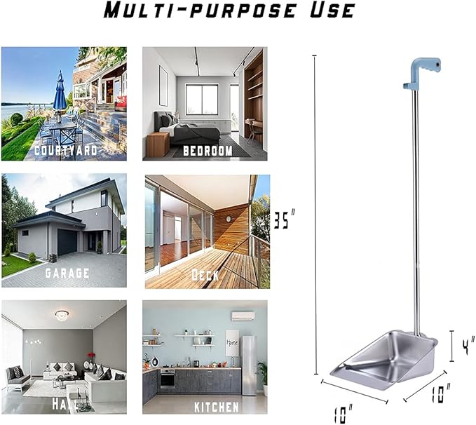 YONILL Dust Pans with Long Handle - Metal Upright Dustpan Heavy Duty, 35" Long Handled Stand Up Dustpans for Lobby, Garage, Home and Yard (Dustpan only)
