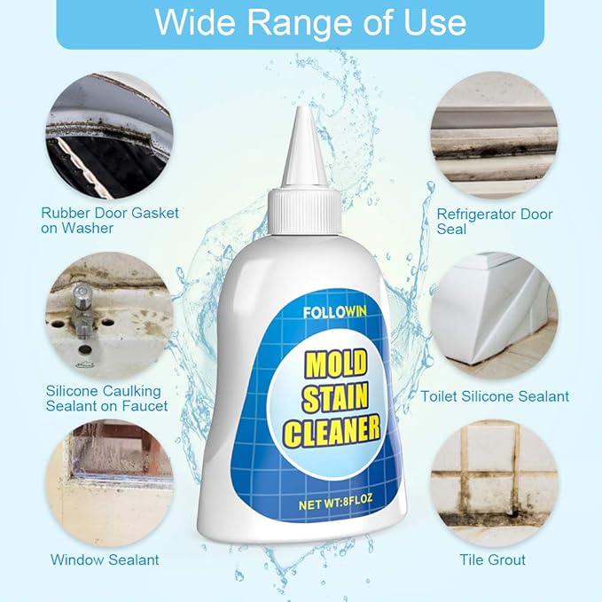 FOLLOWIN Mold and Mildew Remover Gel, Household Mold Stain Cleaner for Bathroom Grout, Silicone Caulk, Washing Machine Seal, Shower Tile, Kitchen Sink, Bathtub, Window Seals, 8 oz