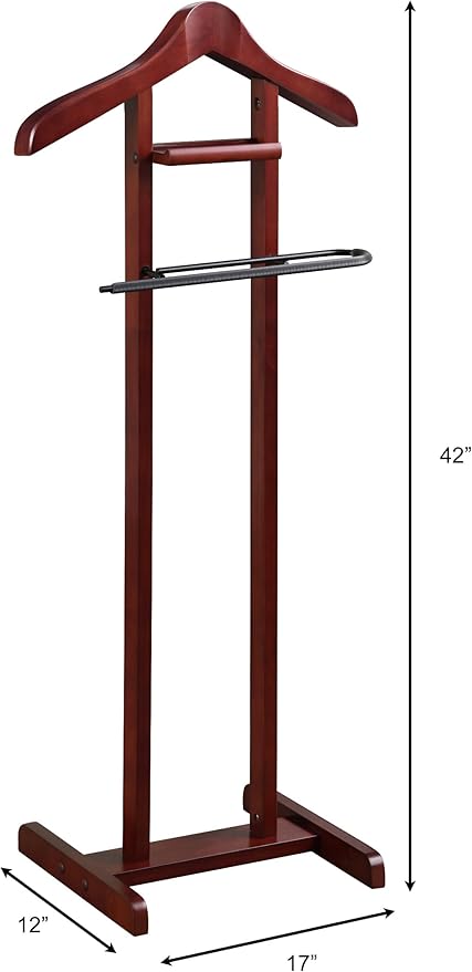 Proman Products Lancaster Suit Valet Stand VL16141 with Tray, Contour Hanger, Trouser Bar, 17" W x 12" D x 42" H, Mahogany