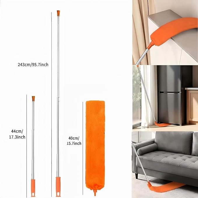 Retractable Gap Feather Duster with 3 Washable Microfiber Cloths, Extendable Cleaning Tool with Long Extension Pole 110 Inch, Under Appliance & Furniture Duster for Home Cleaning (Orange)