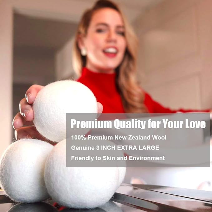 Wool Dryer Balls 6 Pack XL, Genuine New Zealand Wool to Core, 100% Organic Fabric Softener Alternative, Baby Safe & Chemical Free, Reduce Wrinkles & Shorten Drying Time (White-6pcs)