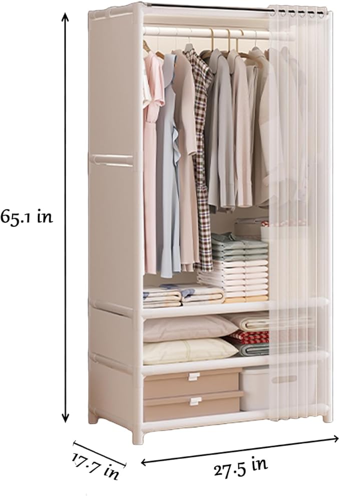 Portable Closet,Portable Closets for Hanging Clothes,Japanese Style Wardrobe with 1 Hanging Rods,2 Storage Shelves,27.5" L x 17.7" W x 65.1" H,White