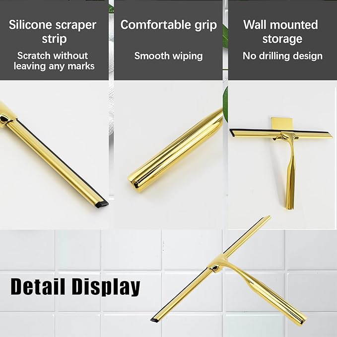 Squeegee for Shower Glass Door, All-Purpose Stainless Steel Squeegee with Adhesive Hooks, Cleaner Tool for Tile Walls, Bathroom, Window, Glass and Car Windshield, Mirrors and Kitchen(10in, Gold)