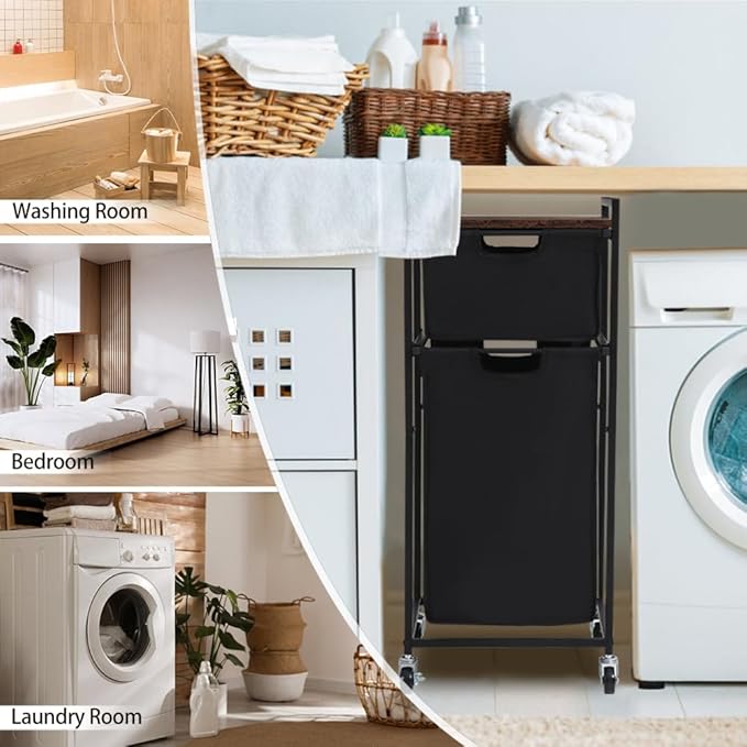LUCKUP Laundry Hamper with Shelf, Laundry Sorter 2 Section with Removable Bags, Laundry Basket Cart with Table Wheels Laundry Room Storage and Organization, Dirty Clothes Hamper for Small Space