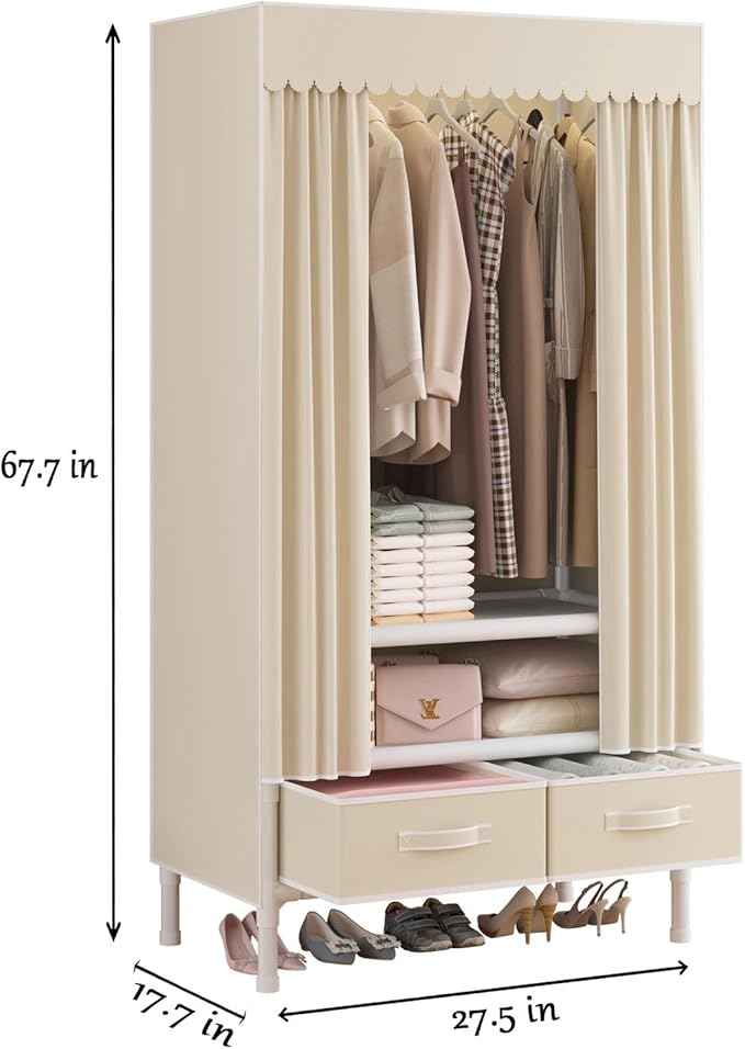 Portable Closet,Garment Rack,Heavy Duty Clothes Rack with Cover,Wardrobe Closet with 1 Hanging Rods, 2 Storage Shelves and 2 Drawers,27.5" L x 17.7" W x 67.7" H,Pale Yellow