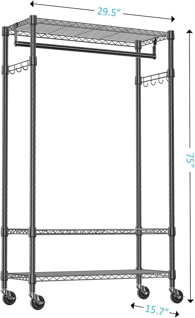 IZEUK Heavy Duty Rolling Garment Rack Wire Clothes Rack for Hanging Clothes (Black, 3 Tier with 2 Rod, 29.5" W x 15.7" D x 75" H)