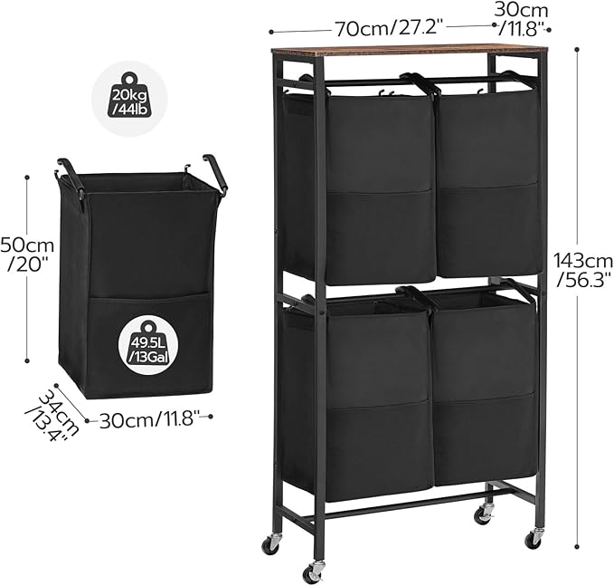 HOOBRO Laundry Sorter, Laundry Basket with Wheels, 52 Gal (198L) Rolling Laundry Hamper, 2 Tier Laundry Cart with 4 Removable Oxford Fabric Laundry Bags, Rustic Brown and Black BF71XY01