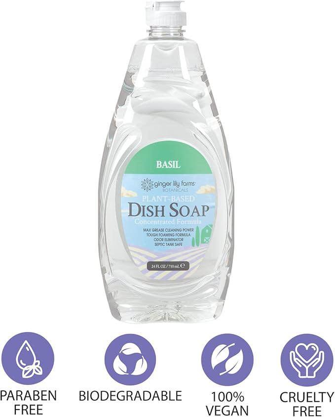 Ginger Lily Farms Botanicals Plant-Based Liquid Dish Soap, Concentrated Formula with Max Grease Cleaning Power, Cruelty-Free, Basil Scent, 24 Fl Oz