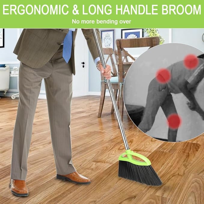 Soft Bristles Green Angle Broom and Dustpan Set, Long Handle Household Indoor Broom with Dustpan Combo Set for Room Kitchen Lobby Office Hardwood Floor Sweeping Floor Cleaning