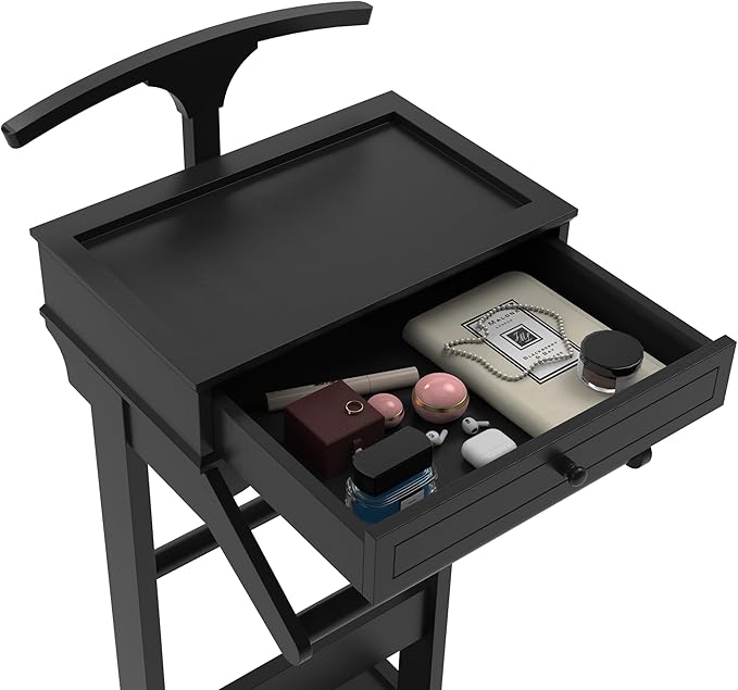 Brefhome Luxury Mens Valet Stand with Storage Drawer & Jewelry Tray, Executive Wooden Clothes Rack for Men Women, Garment Organizer for Suit, Tie, Pant, Watch & Phone, Black (Tray + Drawer)