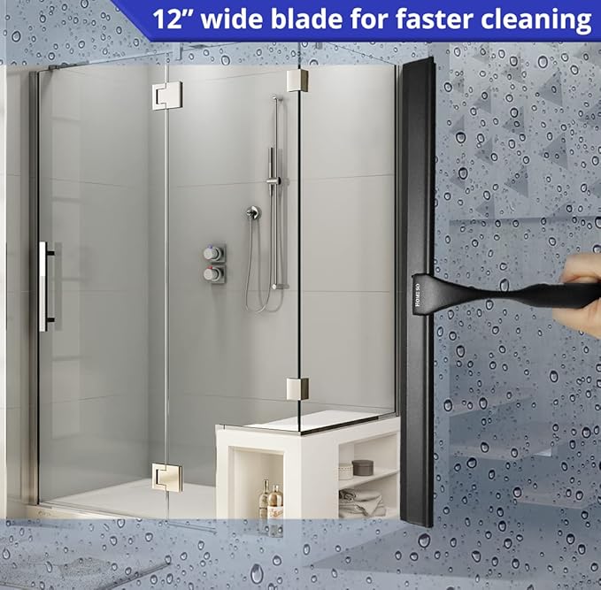 HOME SO Shower Squeegee for Glass Doors – Stainless Steel Squeegee with Adhesive Hooks - Window, Floor & Car Squeegee, Multi-Purpose Bathroom, Mirror & Tile Cleaner - Bathroom Essentials - Black 12"