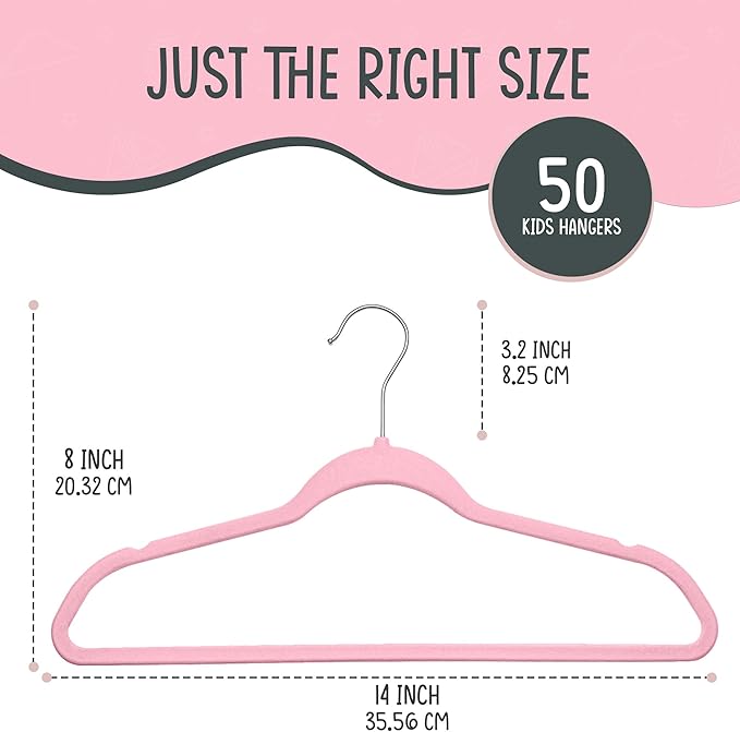 TechZoo 50 Premium Kids Velvet Hangers - 14" Non-Slip Clothes Hangers for Kids & Preteens - Ultra Slim, Space-Saving, Strong & Durable Hangers with 360° Swivel Hook - Pink