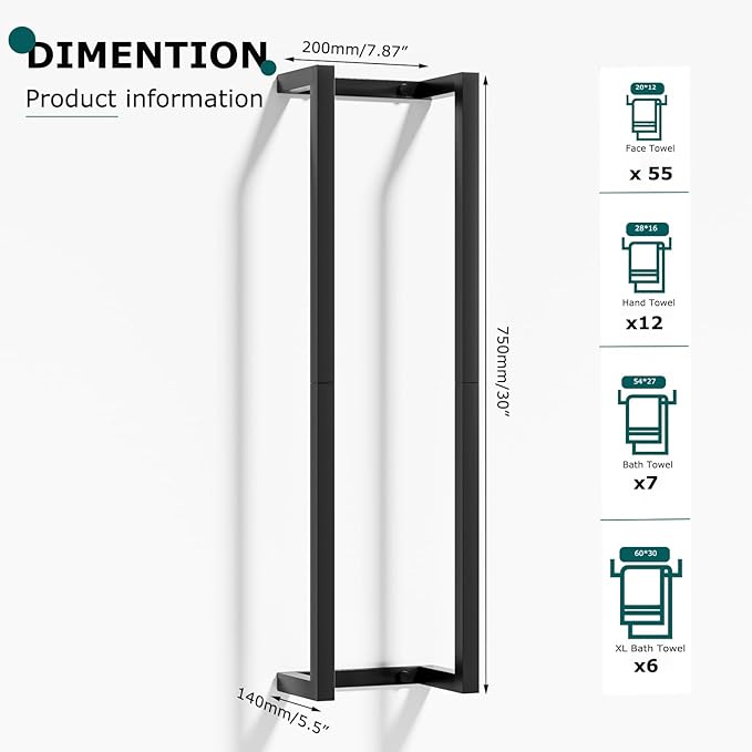 Towel Racks for Bathroom,304 Stainless Steel Towel Storage Racks for Rolled Bath Towels Can Hold 6 Large Towels,Wall Mounted 30 Inch Bathroom Organizer for Small Space Black Towel Holder