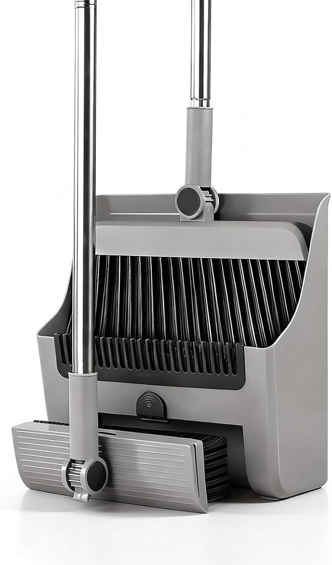 Room Essentials Foldable Broom with Dustpan Combo Set, Floor Brush, Home and Office Cleaning (Grey, M)