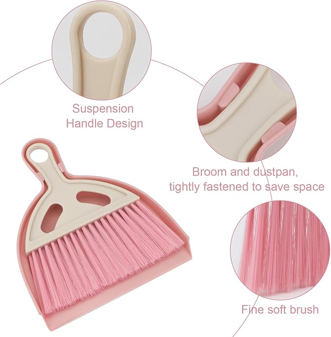 Mini Dustpan and Brush Set Portable Small Broom with Dust Pan Handheld Hangable Whisk Broom and Dust Pan for Home, Kitchen, Table, Office, Car 1 Pcs (Pink)