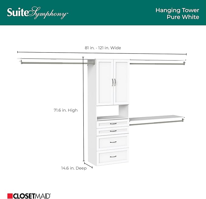 ClosetMaid SuiteSymphony Hanging Closet Kit Includes (1) Tower, (3) Closet Rods, (4) Shelves, (3) Top Shelves w/Brackets, (4) Drawers, and (1) Closet Door Set, White