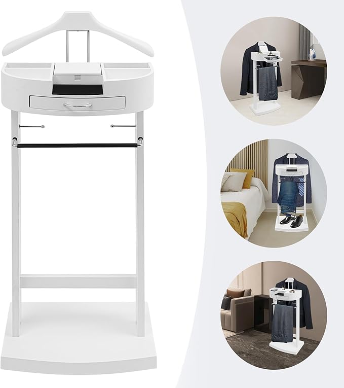 Suit Valet Stand, Standing Wooden Clothes Stand, Clothes Organizer Hanger Rack for Suit Coat Jacket Shirt for Home Bedroom Entryway Hotel Boutique, 66lbs Load Capacity(White)