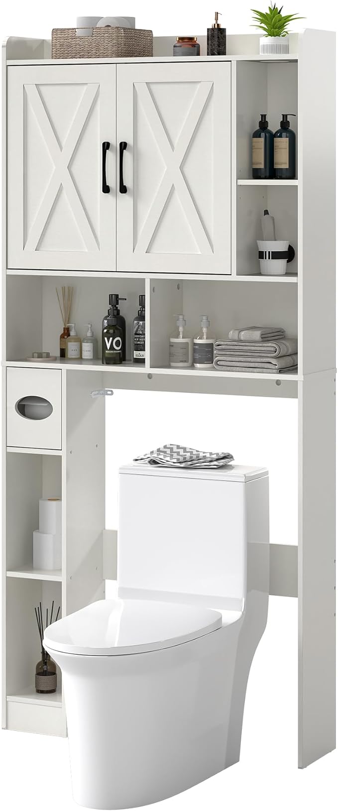 Over The Toilet Storage Cabinet, 32" W Over Toilet Bathroom Organizer with Toilet Paper Holder Stand, Home Space-Saving Toilet Rack for Bathroom, Restroom (2 Barn Doors+Open Shelf, White)