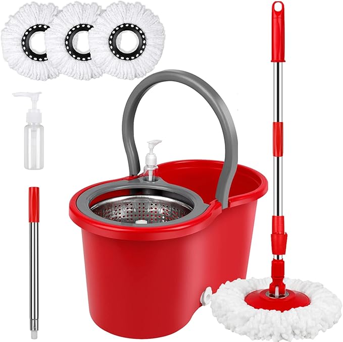 Spin Mop and Bucket with Wringer Set, 360° Spinning Mop Bucket System with 3 Microfiber Mop Replacement Heads, Adjustable Handle for Floor Cleaning (red)