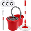 Spin Mop and Bucket with Wringer Set, 360° Spinning Mop Bucket System with 3 Microfiber Mop Replacement Heads, Adjustable Handle for Floor Cleaning (red)