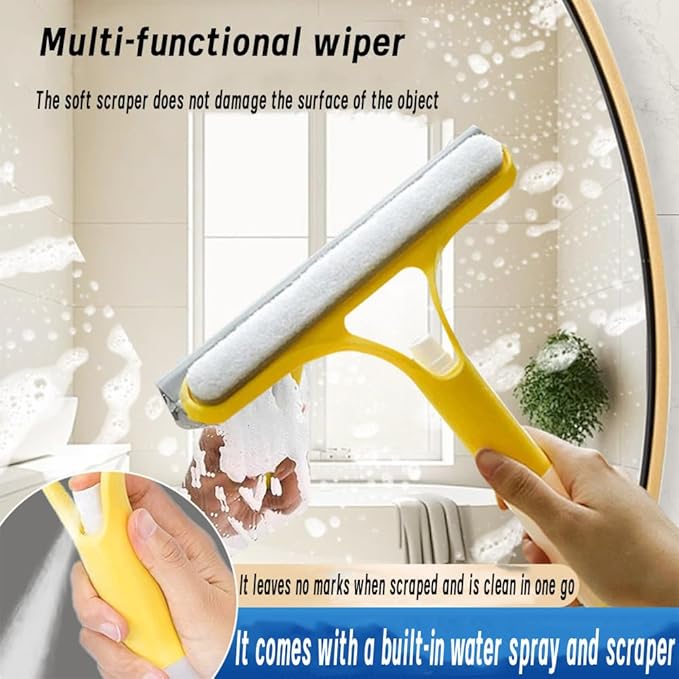3 in 1 Window Cleaning Scraper, Squeegee with Sprayer, All-in-One Glass Cleaner Tool with Sponge & Rubber Blade for Shower Doors, Mirrors, Car Windows & Home Use