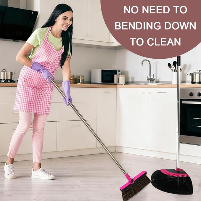 Triangular Indoor Broom and Dustpan Comb Set, 180° Rotating, Soft Bristle Long Handle Upright Sweeping Angled Broom with Self-Cleaning Teeth for Home, Kitchen, Office, Wood Floor (Black Pink)