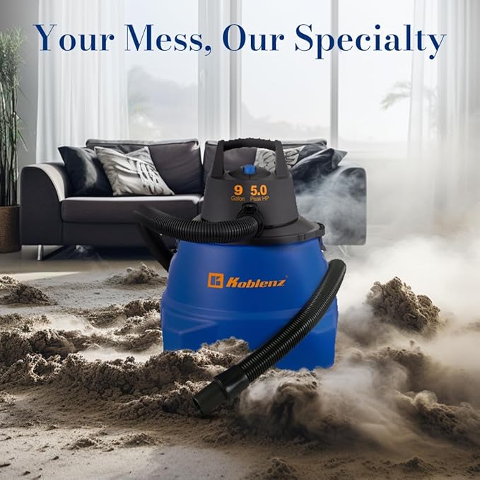 Koblenz WD-9 L212 Wet Dry Vacuum Cleaner, 9 Gallon, 5.0 PHP, 3-in-1 Suction & Blower, Big Vacuum Cleaners for Home, Heavy Duty Shop Vac, Click-N-Lock Hose, Swivel Casters, Black/Blues