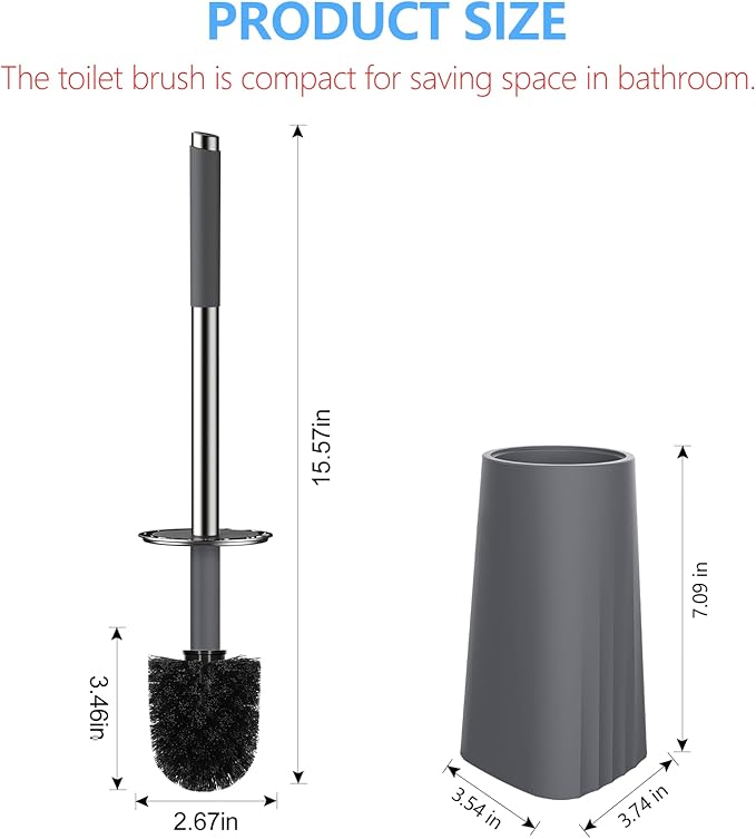 SetSail Toilet Brush, Compact Size Toilet Bowl Brush and Holder Toilet Brushes for Bathroom with Stainless Steel Handle Toilet Cleaner Brush with Durable Scrubbing Bristles, 2 Packs-Gery