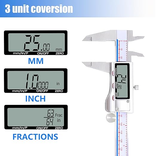 Digital Caliper, Vernier Caliper Measuring Tool with Stainless Steel, Electronic Micrometer Caliper with Large LCD Screen, Auto-Off Feature, Easy Switch from Inch Metric Fraction, (6 Inch//150 mm)